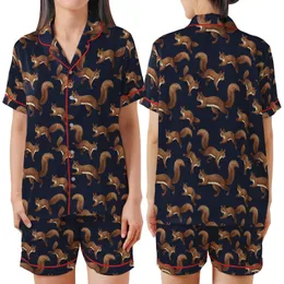 Nature Lovers' Realistic Warm Brown Squirrels Dark Navy Seamless Climbing Wildlife Pattern Satin Short-Sleeve Pajamas Set