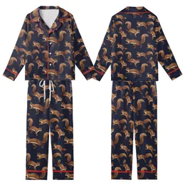 Nature Lovers' Realistic Warm Brown Squirrels Dark Navy Seamless Climbing Wildlife Pattern Kid Satin Pajamas Set