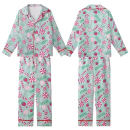 Family Matching Holiday: Whimsical Lollipop, Candy Cane & Snowflake Aqua Print Pajamas Kid Satin Pajamas Set