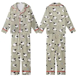 Farmer Girl's Sheep Pajama Set: Cute Cartoon Lambs & Stars Pattern - Soft Poly-Spandex Sleepwear Kid Satin Pajamas Set