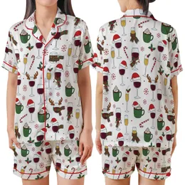 Festive Family Wine Glass & Santa Hat Christmas Drinkware Print Soft Stretch Sleep Set Satin Short-Sleeve Pajamas Set
