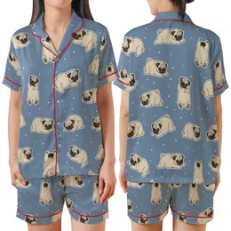 Pug Lovers' Muted Dusty Blue Seamless Pattern with Cute Resting Cream Pugs, White Outlines, and Polka Dots Satin Short-Sleeve Pajamas Set