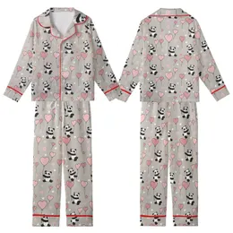 Panda Lover's Sleep Set: Playful Cartoon Pandas, Blush Pink Hearts, Cozy Loungewear Kid Satin Pajamas Set