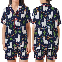 Llama Lovers' Whimsical White Llama Sombrero Cactus Bunting Navy Blue Desert Art Satin Short-Sleeve Pajamas Set