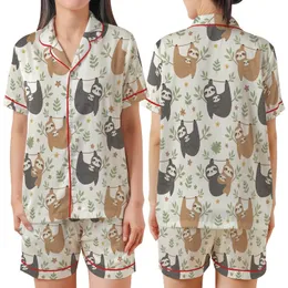Sloth Lover's Cute Cartoon Sloths & Jungle Leaves Canvas Footwear Satin Short-Sleeve Pajamas Set