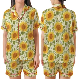 Women's Golden Yellow Sunflower & Light Blue Butterfly Creamy Yellow Watercolor Floral Satin Short-Sleeve Pajamas Set