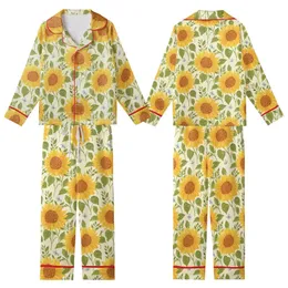 Women's Golden Yellow Sunflower & Light Blue Butterfly Creamy Yellow Watercolor Floral Kid Satin Pajamas Set