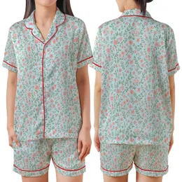 Women's Elegant Floral Pajama Set: Sky Blue Ditsy Wildflower, Open Front Ruffle Top & Pants Satin Short-Sleeve Pajamas Set