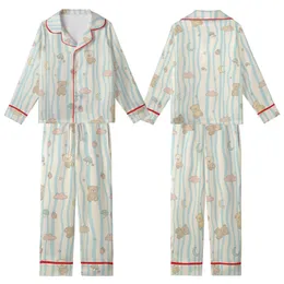Women's Cute Bear Cloud Two-Piece Loungewear: Cream Blue Wavy Long Sleeve V-Neck Set Kid Satin Pajamas Set