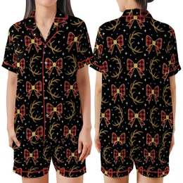 Women's Festive Buffalo Plaid Bow, Glitter Reindeer Antlers & Stars Sleep Set Satin Short-Sleeve Pajamas Set