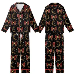 Women's Festive Buffalo Plaid Bow, Glitter Reindeer Antlers & Stars Sleep Set Kid Satin Pajamas Set