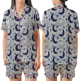 Gray Moon & Stars Pajama Sleep Set: Stylized Navy Crescent & Subtle Geometric Plaid Design Satin Short-Sleeve Pajamas Set