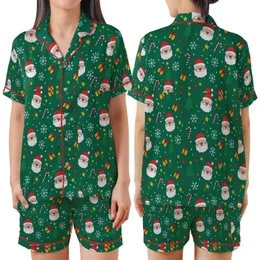 Women's Emerald Green Whimsical Santa & Candy Cane V-Neck Button Sleep Set Satin Short-Sleeve Pajamas Set