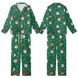 Women's Emerald Green Whimsical Santa & Candy Cane V-Neck Button Sleep Set Kid Satin Pajamas Set