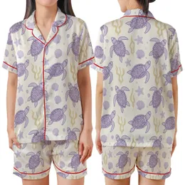 Women's Whimsical Lilac Sea Turtle & Seashell Print Cami with Ruffled Hem - Polyester Blend Sleep Set Satin Short-Sleeve Pajamas Set