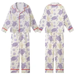 Women's Whimsical Lilac Sea Turtle & Seashell Print Cami with Ruffled Hem - Polyester Blend Sleep Set Kid Satin Pajamas Set