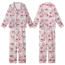 Women's Pastel Pink Whimsical Santa Reindeer Holiday Long Sleeve 2pc Pajama Set Kid Satin Pajamas Set