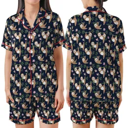 Sloth Lover's Adorable Flat Sloth & Tropical Foliage Navy Low Top Canvas Shoes Satin Short-Sleeve Pajamas Set