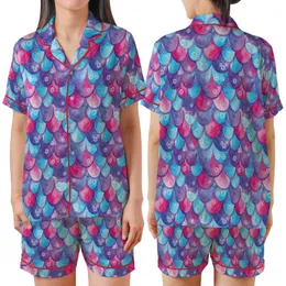 Mermaid Lover's Vibrant Watercolor Scale Pajama Set - Magenta Violet Cyan Ocean Design Satin Short-Sleeve Pajamas Set
