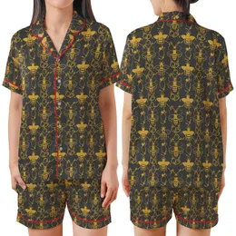 Women's Golden Honey Bee Honeycomb Pattern Charcoal Sleepwear Set Kid Satin Pajamas Set