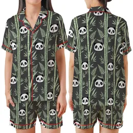 Panda Lover's Loungewear: Adorable Cartoon Panda Faces & Sage Green Bamboo Sleep Set Satin Short-Sleeve Pajamas Set