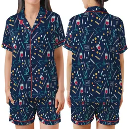Nurse Low Top Canvas Shoes: Navy Medical Icon Pattern with Scalpel, Syringe, Stethoscope Satin Short-Sleeve Pajamas Set