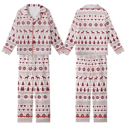 Women's Folkloric Fair Isle Christmas Pajamas: Reindeer Snowflake Long Sleeve Button-Front (White/Red) Kid Satin Pajamas Set