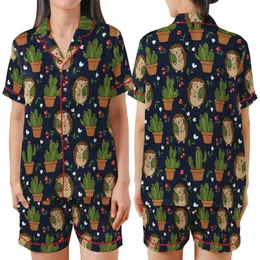 Hedgehog Lovers' Whimsical Navy Blue Cacti & Hedgehog Pattern with Red Berries Satin Short-Sleeve Pajamas Set