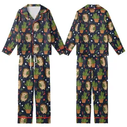 Hedgehog Lovers' Whimsical Navy Blue Cacti & Hedgehog Pattern with Red Berries Kid Satin Pajamas Set
