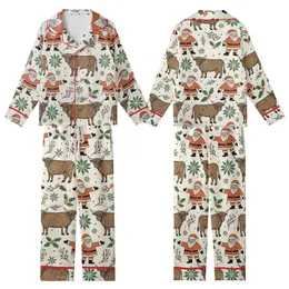 Boho Western Christmas Fans' Rustic Linocut Santa Highland Cow Terracotta Orange Forest Green All-Over Kid Satin Pajamas Set