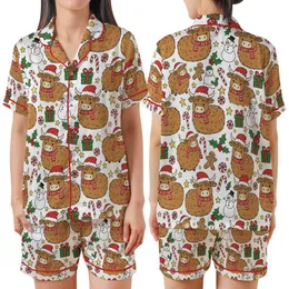 Holiday Animal Lovers' Cute Fluffy Highland Cow Christmas Pattern in Red, Green, Brown Cartoon Style Satin Short-Sleeve Pajamas Set