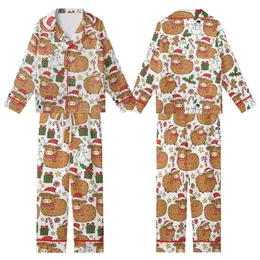 Holiday Animal Lovers' Cute Fluffy Highland Cow Christmas Pattern in Red, Green, Brown Cartoon Style Kid Satin Pajamas Set