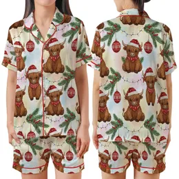 Cow Lover's Christmas Pajama Set: Faux Yarn Knitted Highland Cow & Snowflake Pattern Satin Short-Sleeve Pajamas Set