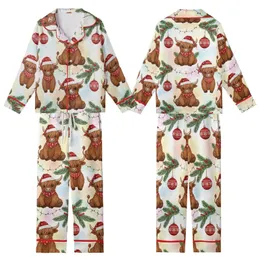 Cow Lover's Christmas Pajama Set: Faux Yarn Knitted Highland Cow & Snowflake Pattern Kid Satin Pajamas Set