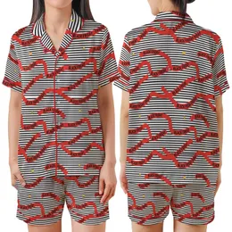 Women's Halter V-Neck Striped Red Ribbon Black Friday Motif Golden Charm Pajama Lounge Wear Satin Short-Sleeve Pajamas Set