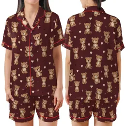 Women's Plus Size Pajamas: Seamless Dark Maroon Teddy Bear, Heart & Star Print Short Sleeve Sleep Set Satin Short-Sleeve Pajamas Set