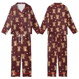 Women's Plus Size Pajamas: Seamless Dark Maroon Teddy Bear, Heart & Star Print Short Sleeve Sleep Set Kid Satin Pajamas Set