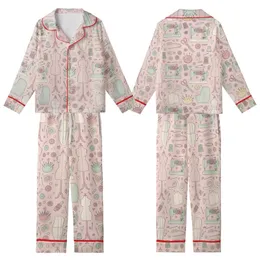 Sewing Enthusiast's Blush Pink Pastel Vintage Sewing Machine Tailoring Tools Kid Satin Pajamas Set
