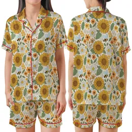 Women's Vintage Boho 60s 70s Sunflower Daisy Honeybee Meadow Silky Satin Short-Sleeve Pajamas Set