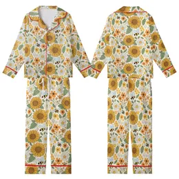 Women's Vintage Boho 60s 70s Sunflower Daisy Honeybee Meadow Silky Kid Satin Pajamas Set