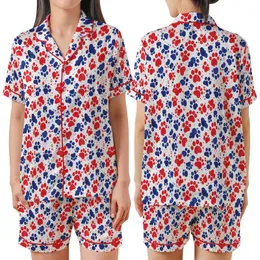 Dog Lover Mom's Scarlet Red Indigo Blue Watercolor Paw Print All-Over Satin Short-Sleeve Pajamas Set