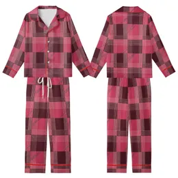 Women's Deep Maroon & Pink Geometric Plaid Satin Short-Sleeve Sleep Set Kid Satin Pajamas Set