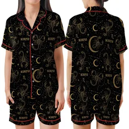 Scorpio Woman's Satin Two-Piece Sleep Set: Gold Celestial Scorpion & Constellation Design Satin Short-Sleeve Pajamas Set