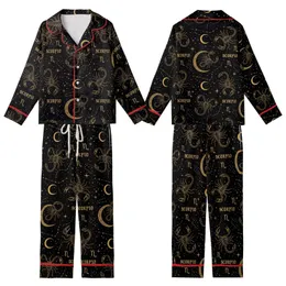 Scorpio Woman's Satin Two-Piece Sleep Set: Gold Celestial Scorpion & Constellation Design Kid Satin Pajamas Set
