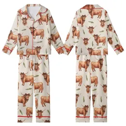 Highland Cow Christmas: Cozy Watercolor Rustic Wreath & Plaid Bows Festive Motif Kid Satin Pajamas Set