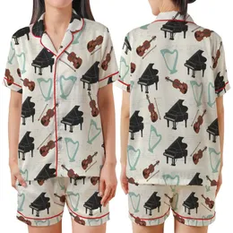 Music Lover's Whimsical Black Grand Piano Brown Violin Teal Harp Musical Notes Design Satin Short-Sleeve Pajamas Set