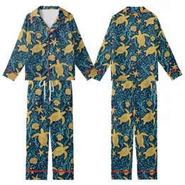 Women's Golden Sea Turtle Starfish Navy Aqua Teal Ornate Marine Foliage Design Kid Satin Pajamas Set