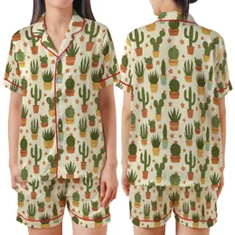 Women's Plant Lover Potted Cactus Succulent Creamy Yellow Satin Short-Sleeve Sleep Set Satin Short-Sleeve Pajamas Set