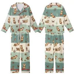 Otter Lover's Whimsical Ocean Otters Scene: Cream, Seafoam & Teal Wearable Design Kid Satin Pajamas Set