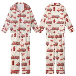 Whimsical Vintage Red Fire Truck Hydrant Watercolor Bows Wearable Item Kid Satin Pajamas Set